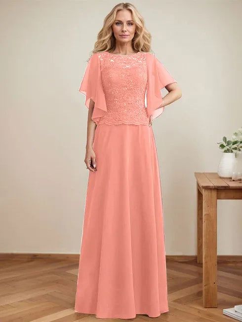 A-Line Scoop Neck Illusion Floor-Length Lace Chiffon Mother of the Bride Dress with Sequins