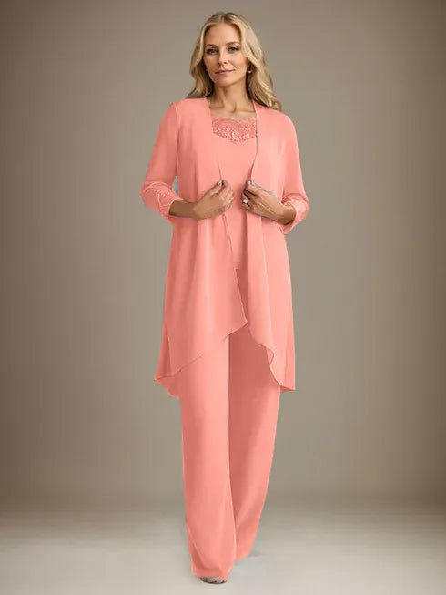 Chiffon Scoop Neck Long Sleeve Mother of the Bride Pantsuit with Jacket