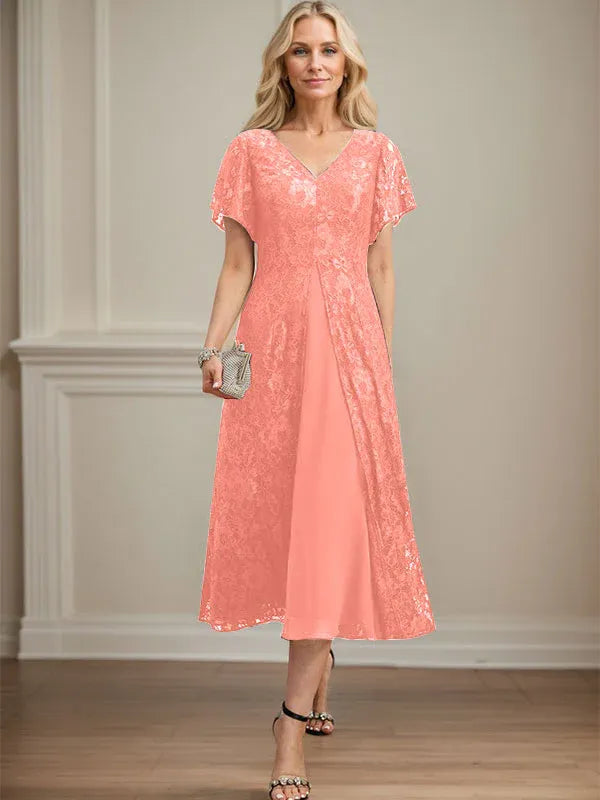 A-Line V-Neck Tea-Length Lace Chiffon Mother of the Bride Dress