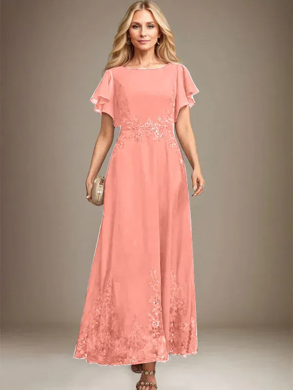 A-Line Scoop Neck Ankle-Length Lace and Chiffon Mother of the Bride Dress with Sequins