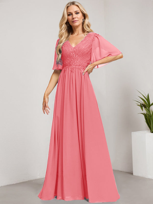 A-Line V-Neck Floor-Length Lace Chiffon Mother of the Bride Dress with Sequins