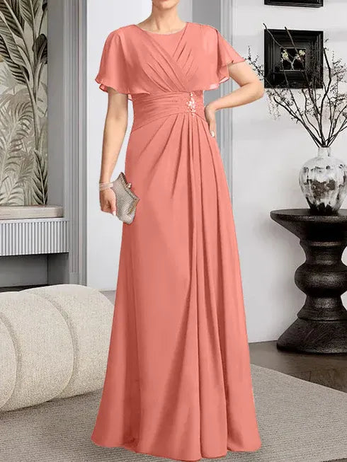 A-Line Scoop Neck Floor-Length Chiffon Mother of the Bride Dress with Pleated Beading