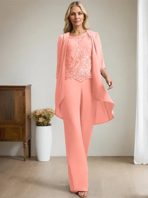 Floor-Length Chiffon Lace Mother of the Bride Jumpsuit/Pantsuit with Scoop Neck, Beading, and Sequins