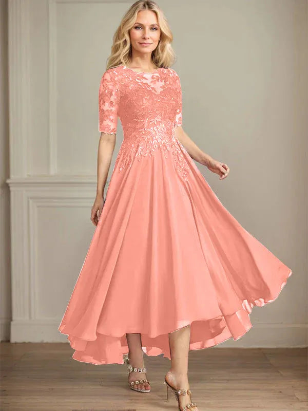 A-Line Scoop Neck Illusion Asymmetrical Chiffon and Lace Mother of the Bride Dress with Sequins
