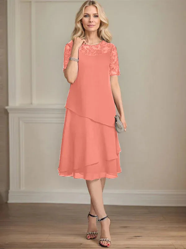 A-Line Scoop Neck Illusion Knee-Length Lace Chiffon Mother of the Bride Dress with Sequins