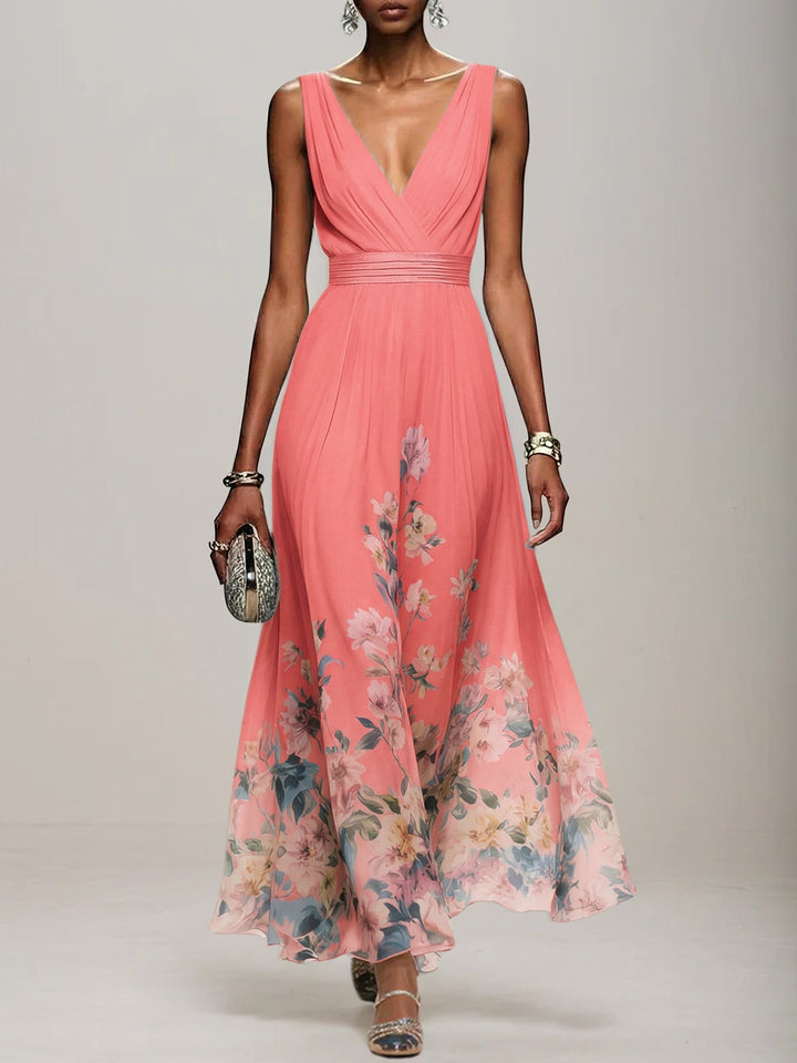 Light Blue Floral Chiffon V-Neck Sleeveless A-Line Maxi Dress