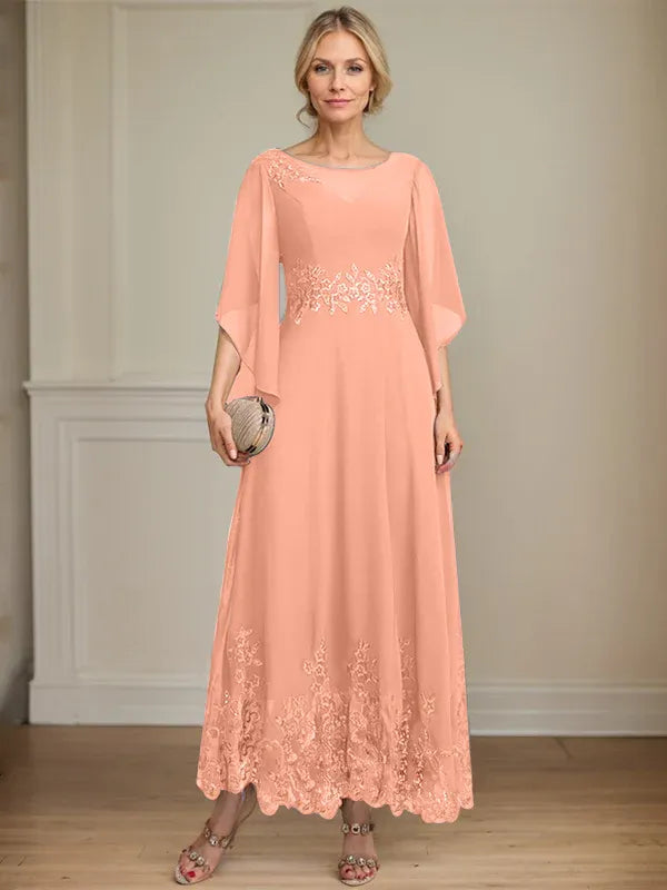 A-Line Scoop Neck Illusion Lace Chiffon Mother of the Bride Dress with Sequins and Ankle-Length Hem