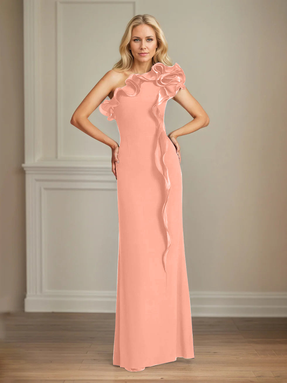 Navy Stretch Crepe One-Shoulder Sheath Dress with Ruffles – Floor-Length Mother of the Bride Gown