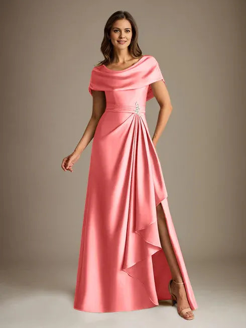 A-Line Scoop Neck Floor-Length Stretch Satin Mother of the Bride Dress with Cascading Ruffles