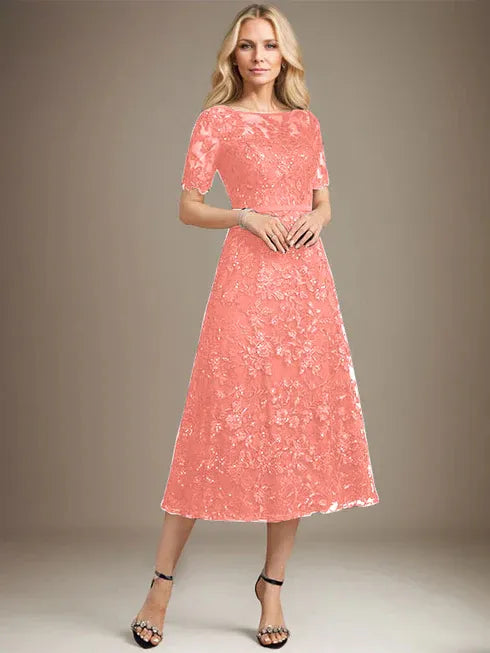 A-Line Scoop Neck Illusion Tea-Length Lace Mother of the Bride Dress with Sequins