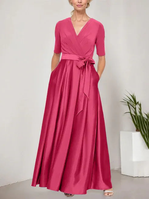 Surplice Neckline Ballgown with Full Satin Skirt and Jersey Bodice