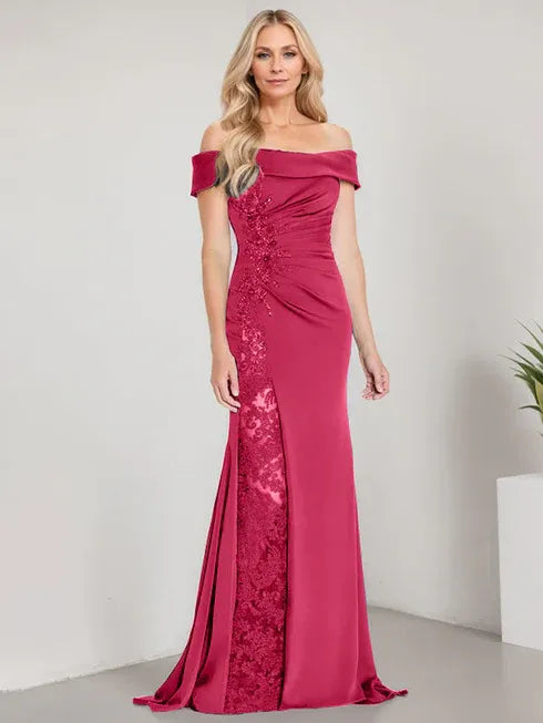 A-Line Off-the-Shoulder Floor-Length Mother of the Bride Dress with Appliqué Beadings and Mermaid Silhouette Featuring a High Split