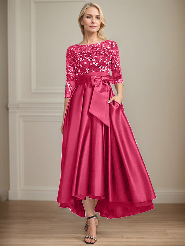 A-Line Scoop Neck Illusion Asymmetrical Satin Lace Mother of the Bride Dress with Bow