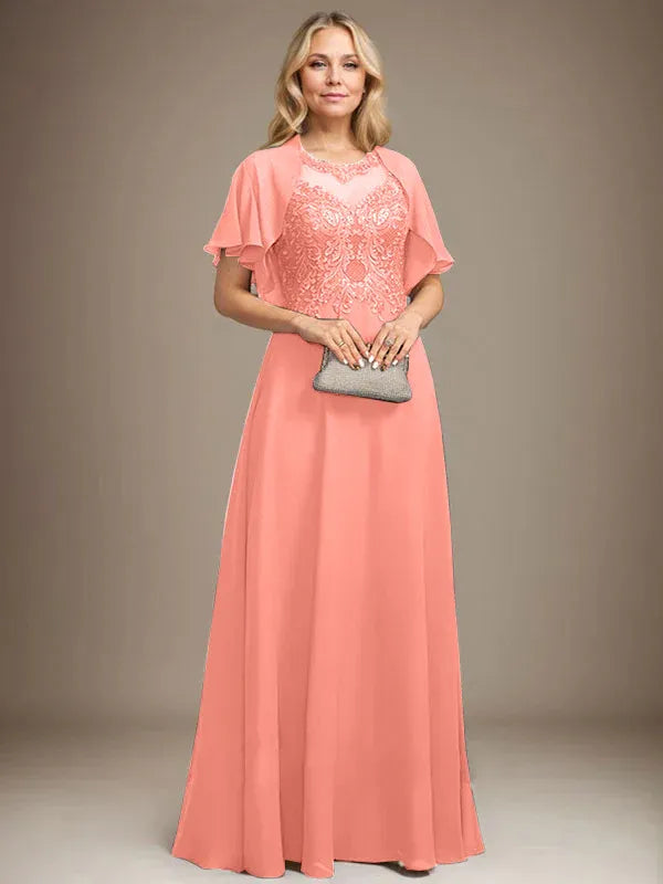 A-Line Scoop Neck Illusion Floor-Length Lace Chiffon Mother of the Bride Dress with Sequins