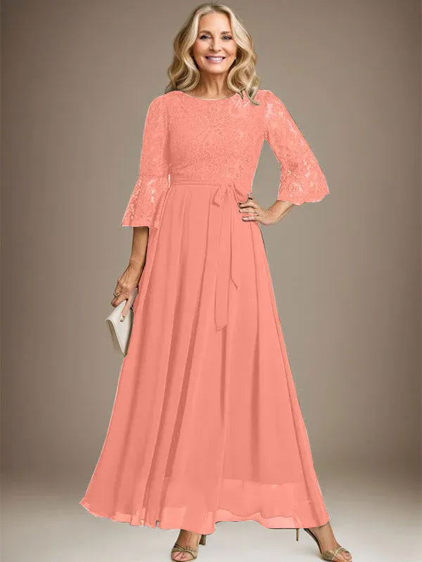 A-Line Scoop Neck Ankle-Length Lace Chiffon Mother of the Bride Dress with Bow