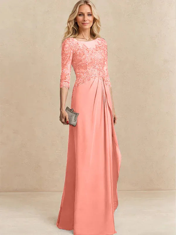 A-Line Scoop Illusion Floor-Length Chiffon and Lace Mother of the Bride Dress with Beading, Sequins, and Cascading Ruffles