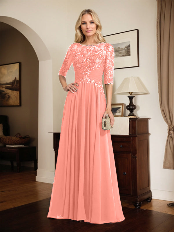 A-Line Scoop Neck Illusion Floor-Length Chiffon and Lace Mother of the Bride Dress with Pleated Sequins