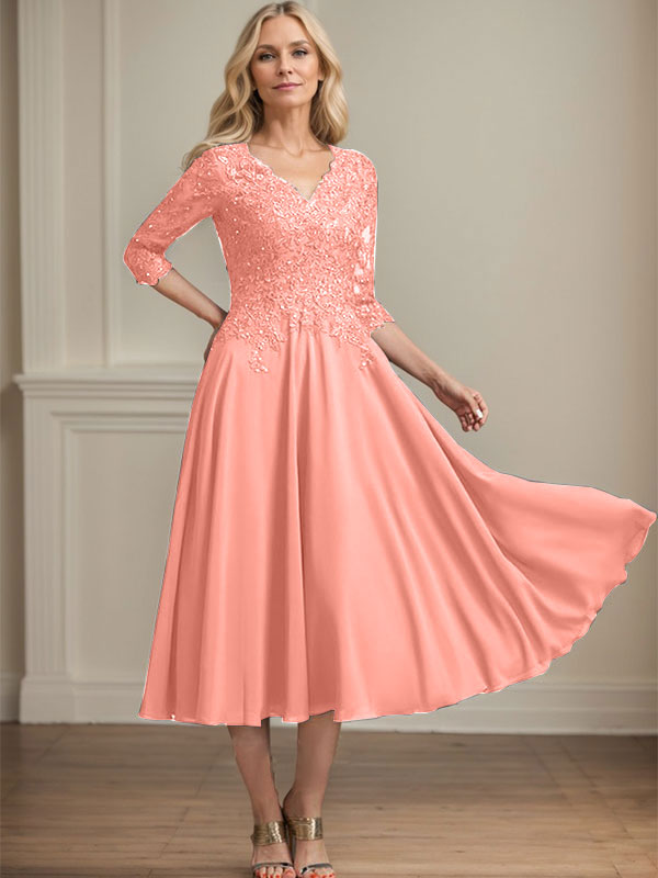 A-Line V-Neck Tea-Length Chiffon and Lace Mother of the Bride Dress with Beading and Sequins