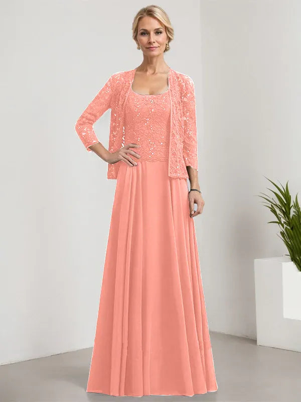 A-Line Square Neck Floor-Length Lace and Chiffon Mother of the Bride Dress with Sequins