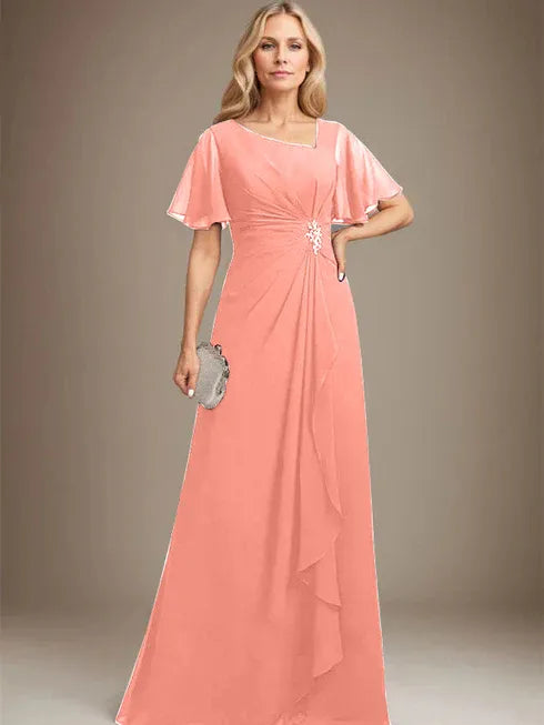 A-Line Asymmetrical Floor-Length Chiffon Mother of the Bride Dress with Pleated Beading and Sequins