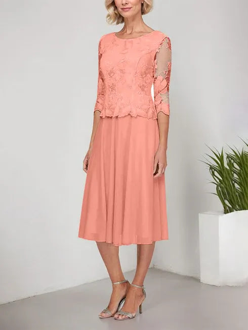 A-Line Scoop Neck Tea-Length Lace Chiffon Mother of the Bride Dress with Embroidery