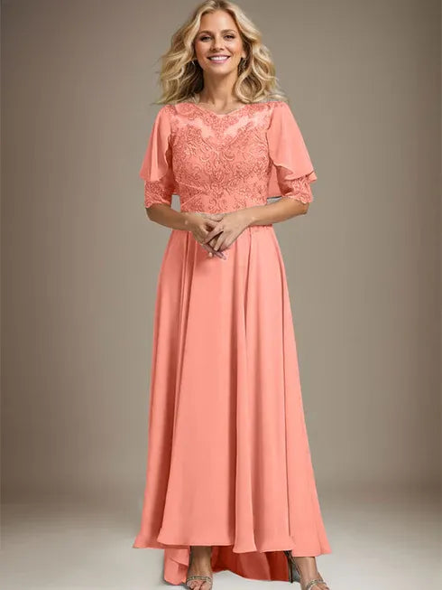 A-Line Scoop Neck Illusion Asymmetrical Chiffon and Lace Mother of the Bride Dress with Beading