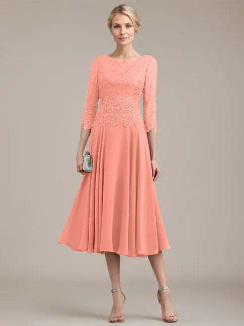 A-Line Scoop Neck Tea-Length Lace Chiffon Mother of the Bride Dress