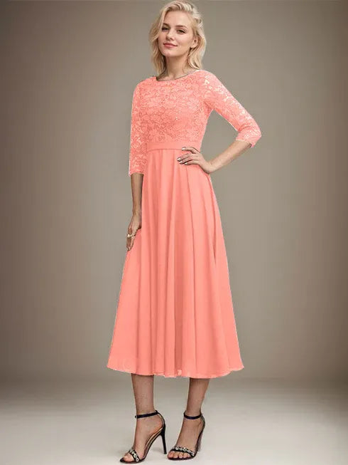 A-Line Scoop Neck Tea-Length Lace Chiffon Mother of the Bride Dress with Sequins