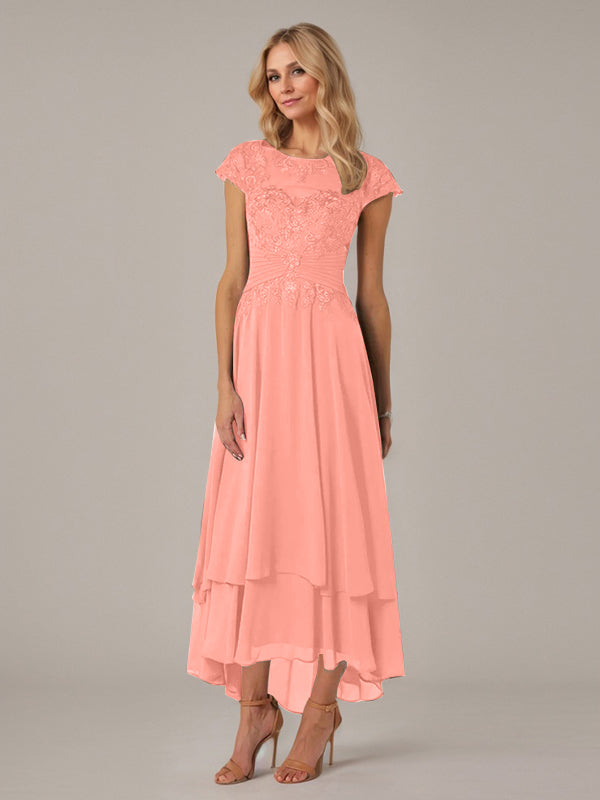 A-Line Boat Neck Illusion Asymmetrical Chiffon Lace Mother of the Bride Dress with Applique and Pleats