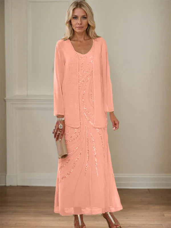 V-Neck Sheath/Mother of the Bride Ankle-Length Dress with Jacket & Sequins