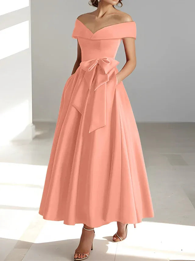 A-Line Off-the-Shoulder Sleeveless Ankle-Length Mother of the Bride Dress with Pockets