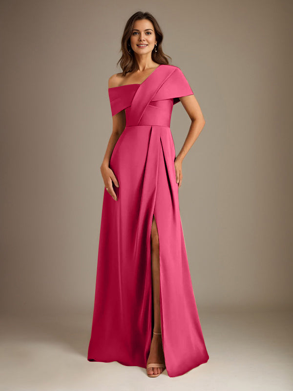 A-Line Satin Mother of the Bride Dress with Asymmetrical Neckline, Floor-Length, and Pleated Design
