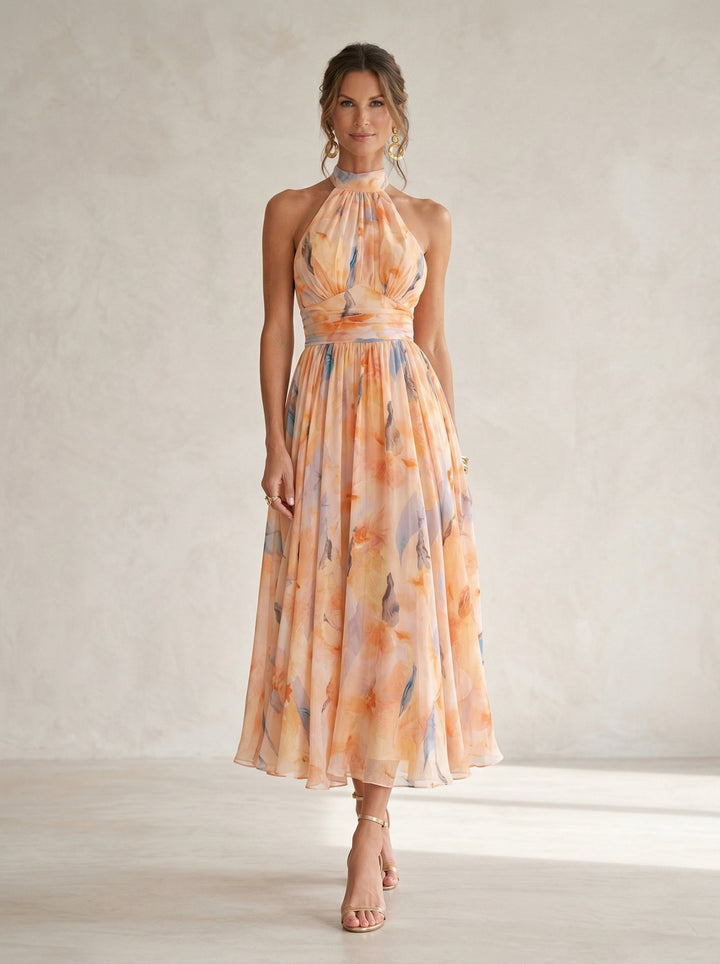 Esther™ | Watercolor Print Halter Neck Dress