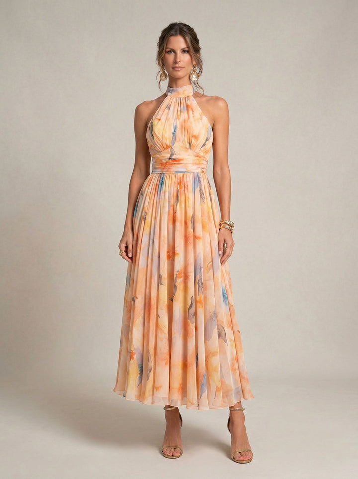 Esther™ | Watercolor Print Halter Neck Dress