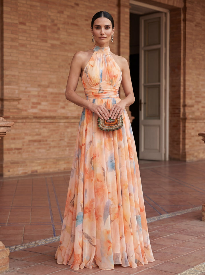 Esther™ | Watercolor Print Halter Neck Dress