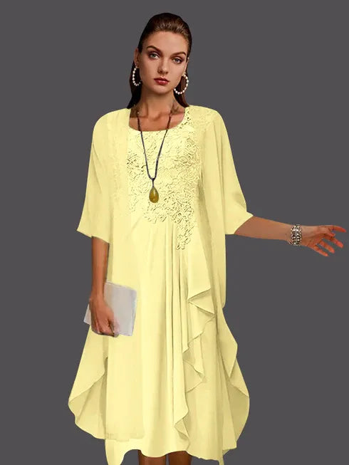 Two-Piece A-Line Chiffon Lace Sleeveless Jacket Dress with Pleats and Appliques