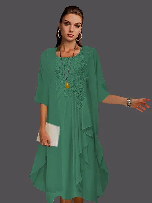 Two-Piece A-Line Chiffon Lace Sleeveless Jacket Dress with Pleats and Appliques