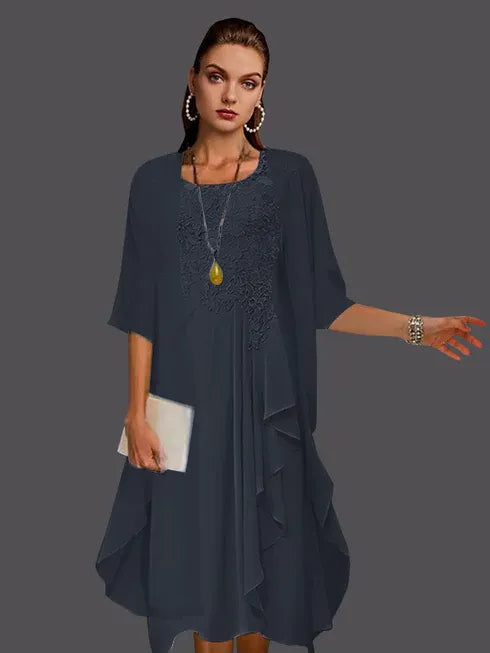 Two-Piece A-Line Chiffon Lace Sleeveless Jacket Dress with Pleats and Appliques