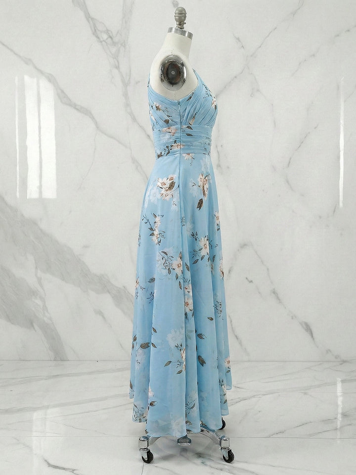 Light Blue Floral Ruched Chiffon One-Shoulder Sleeveless A-Line Maxi Dress
