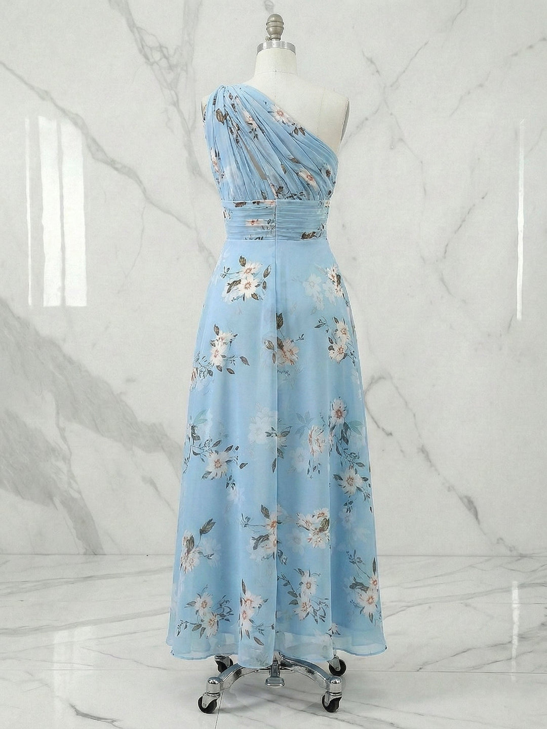 Light Blue Floral Ruched Chiffon One-Shoulder Sleeveless A-Line Maxi Dress