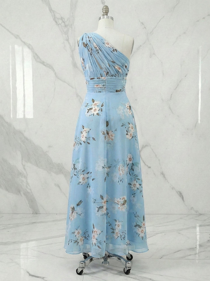 Light Blue Floral Ruched Chiffon One-Shoulder Sleeveless A-Line Maxi Dress