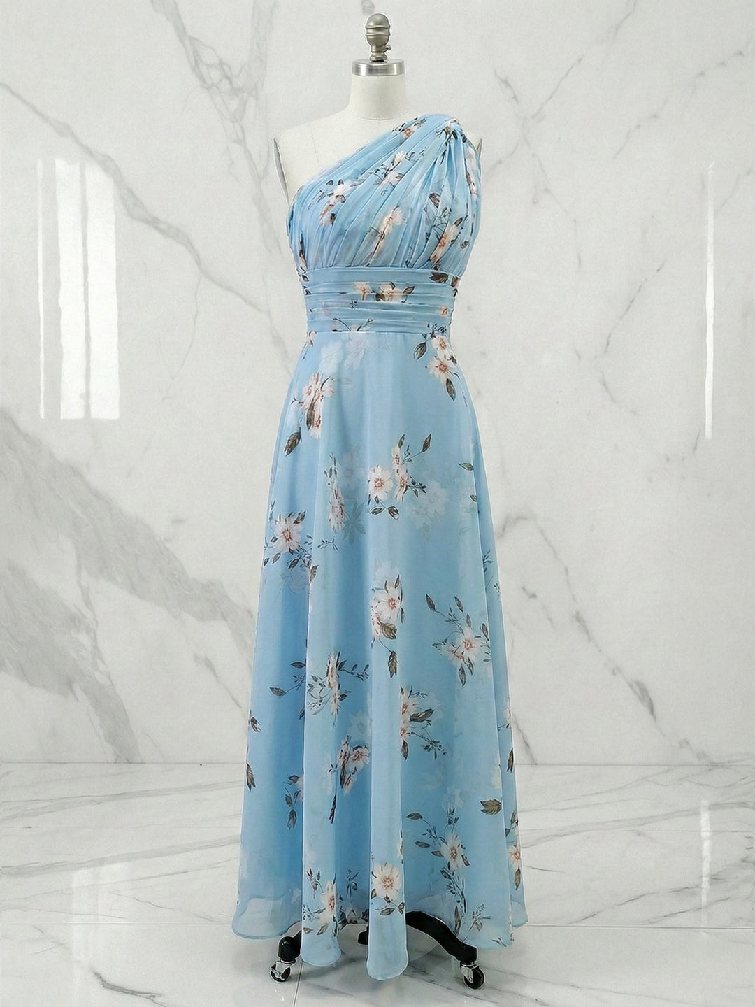 Light Blue Floral Ruched Chiffon One-Shoulder Sleeveless A-Line Maxi Dress