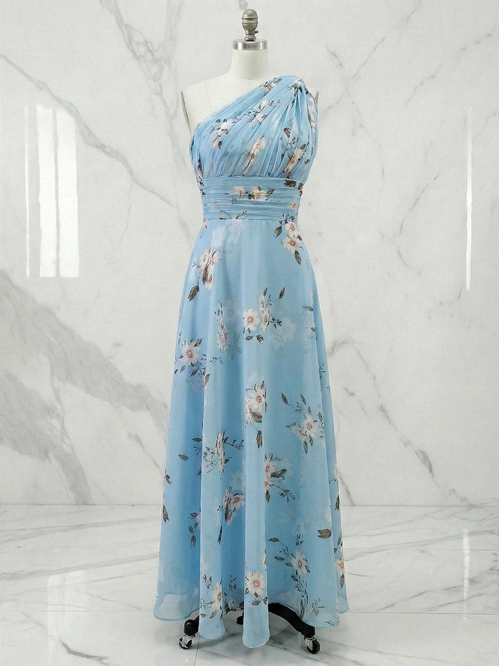 Light Blue Floral Ruched Chiffon One-Shoulder Sleeveless A-Line Maxi Dress