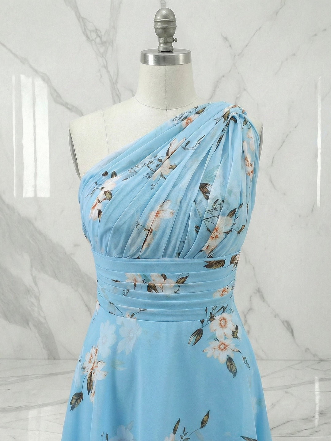 Light Blue Floral Ruched Chiffon One-Shoulder Sleeveless A-Line Maxi Dress
