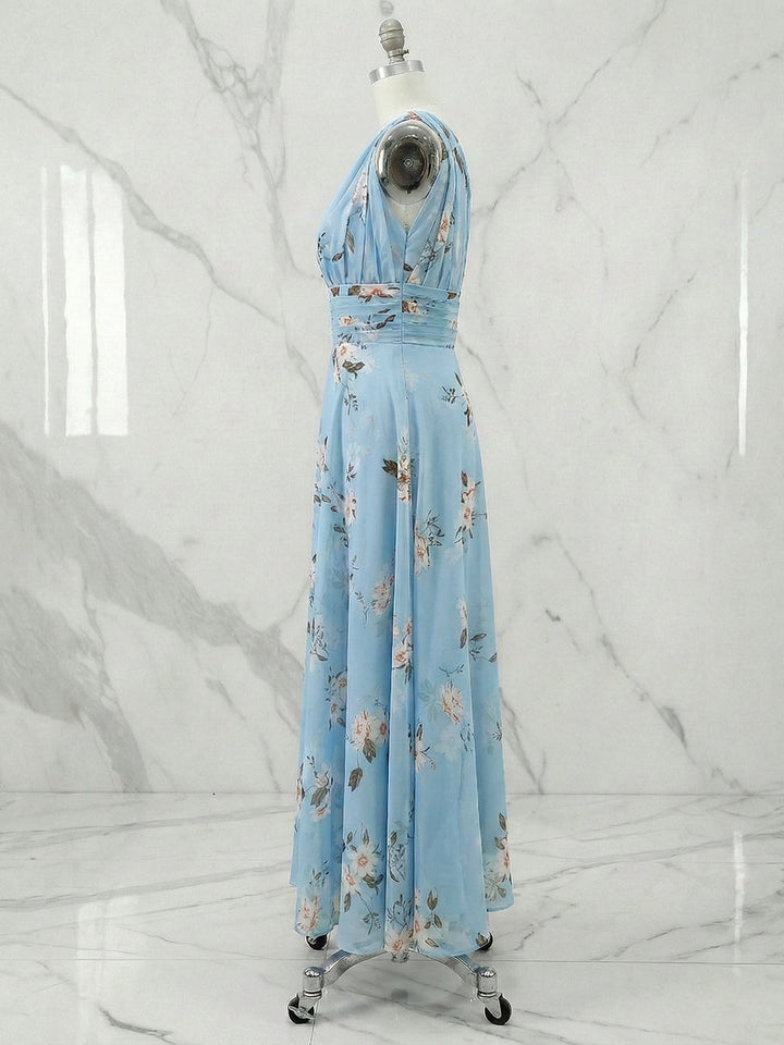 Light Blue Floral Ruched Chiffon One-Shoulder Sleeveless A-Line Maxi Dress