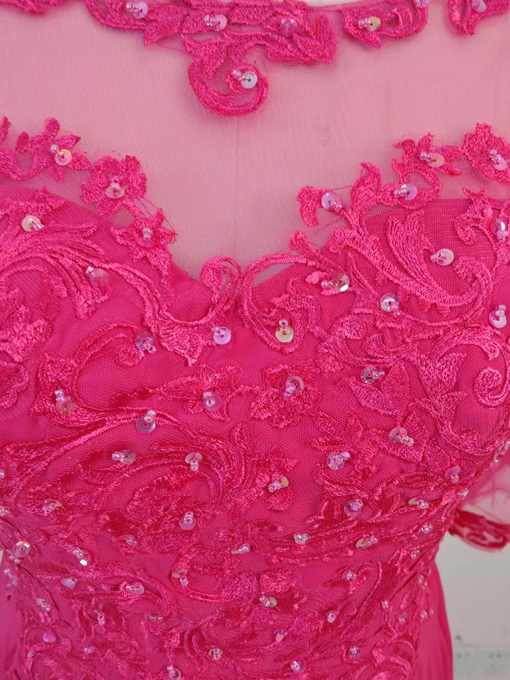 A-Line Scoop Neck Illusion Tea-Length Chiffon and Lace Mother of the Bride Dress with Beading and Sequins