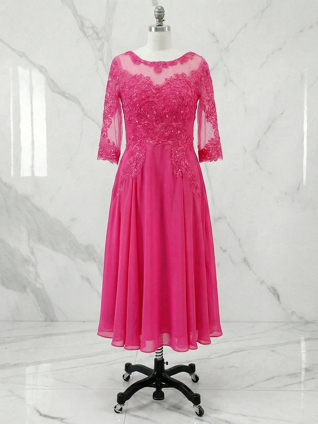 A-Line Scoop Neck Illusion Tea-Length Chiffon and Lace Mother of the Bride Dress with Beading and Sequins