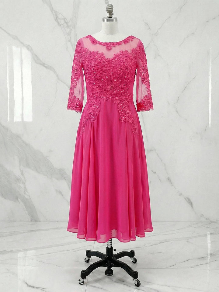 A-Line Scoop Neck Illusion Tea-Length Chiffon and Lace Mother of the Bride Dress with Beading and Sequins