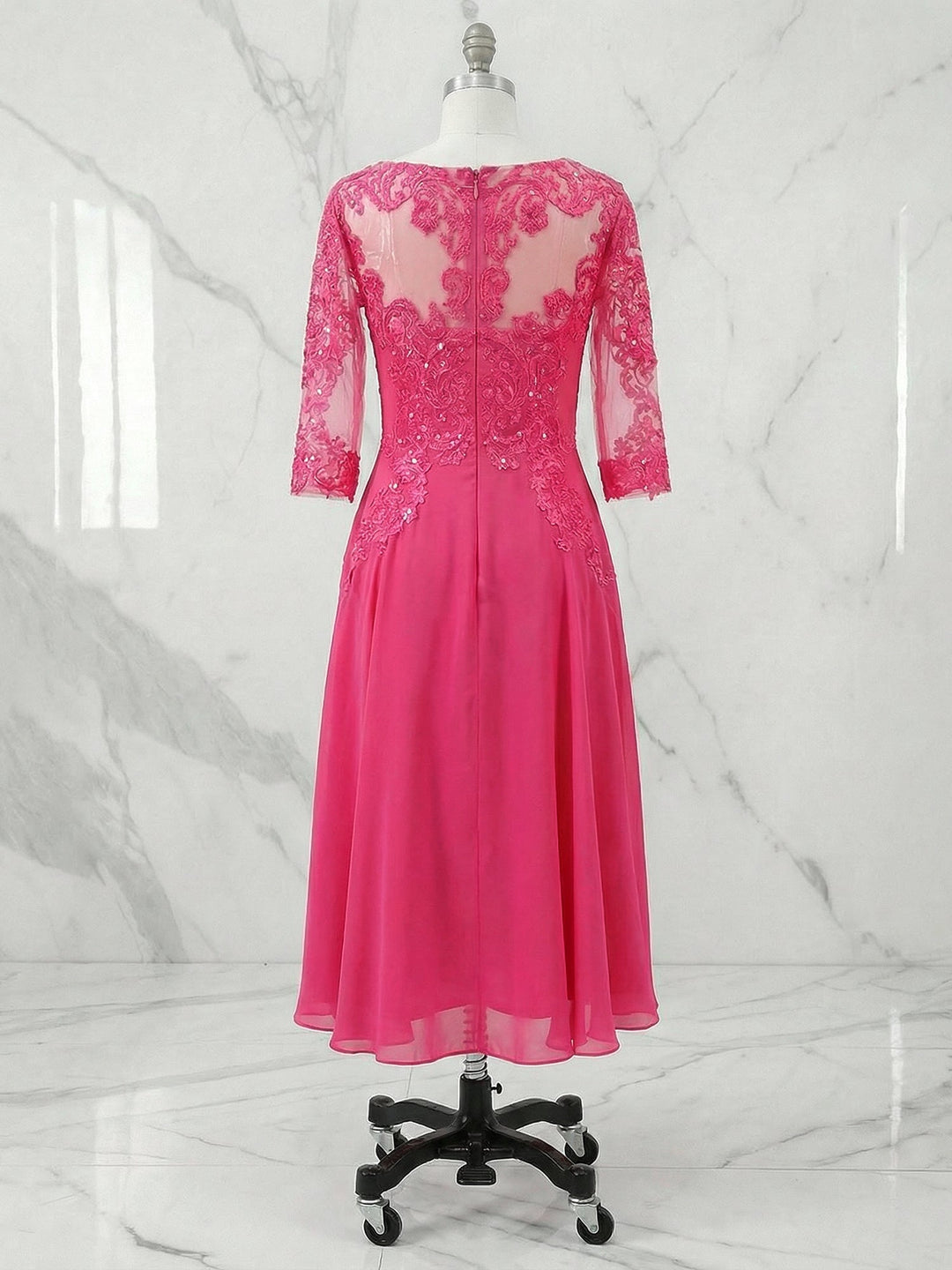 A-Line Scoop Neck Illusion Tea-Length Chiffon and Lace Mother of the Bride Dress with Beading and Sequins