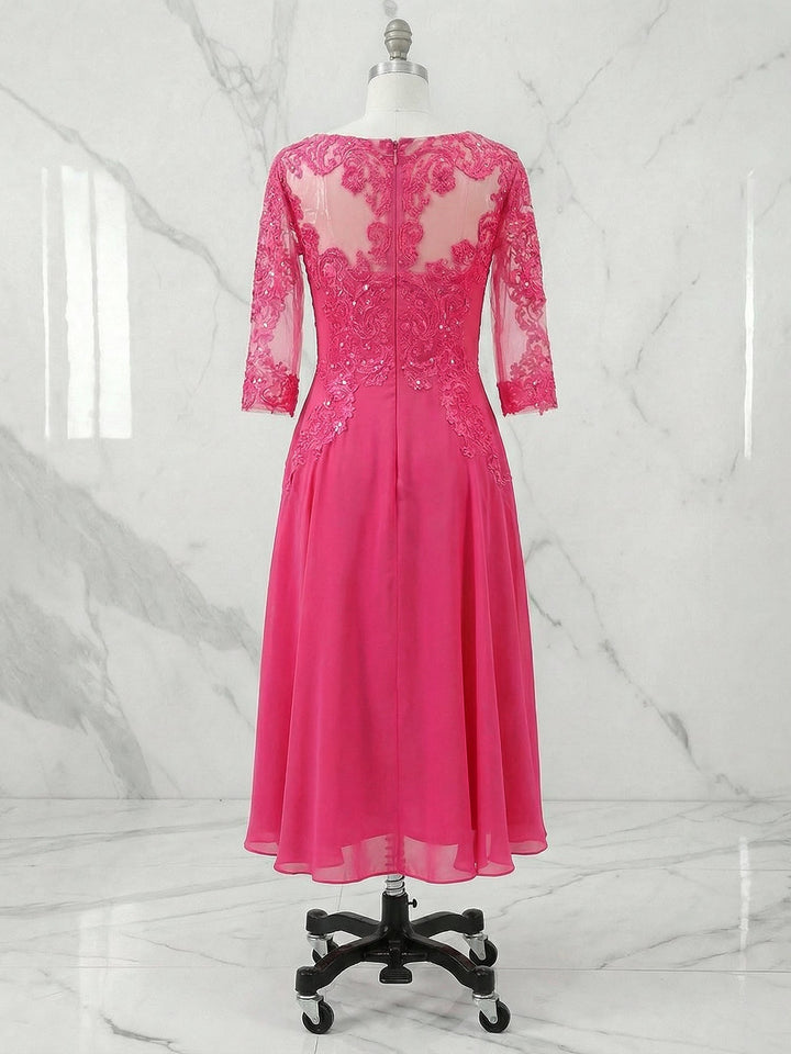 A-Line Scoop Neck Illusion Tea-Length Chiffon and Lace Mother of the Bride Dress with Beading and Sequins